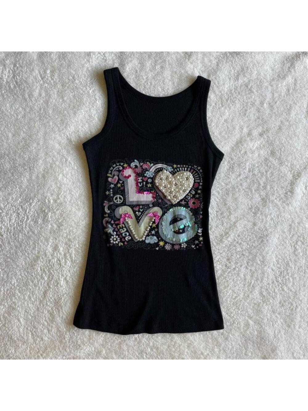 Y2K love embellished tank top with bows, beads and sequins
